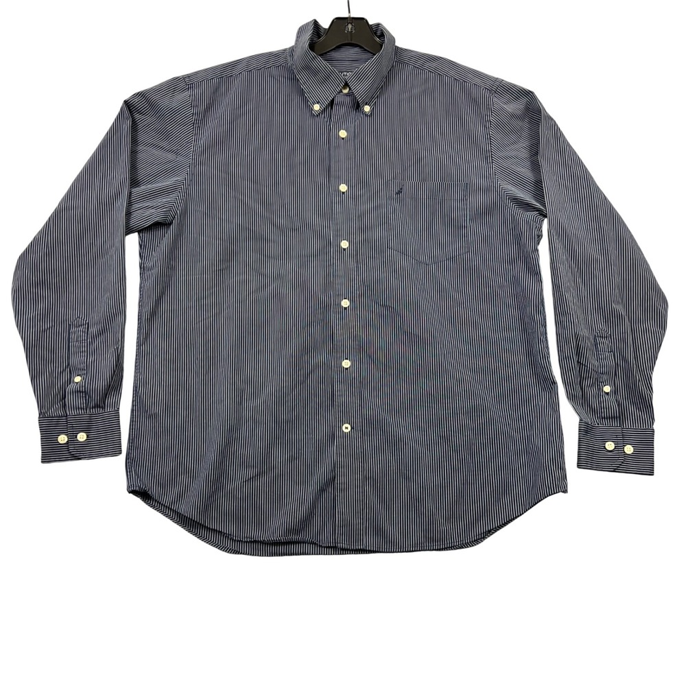 Nautica Mens XL Navy Striped Button Down Shirt A Bit Trimmer Wrinkle Resistant